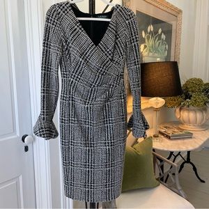 Lauren Ralph Lauren Womens 2 Tweed Dress Black White Ruffled Long Sleeve Lined